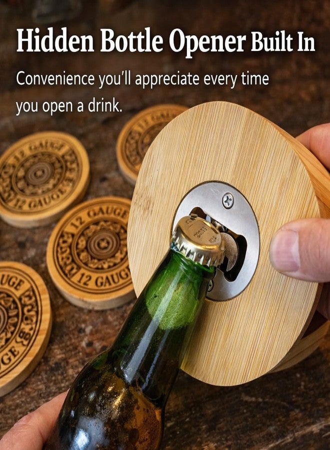 Top Brass 12 Gauge Shotgun Shell Bamboo Coaster Set with Holder – 6 Laser Engraved Coasters with Hidden Bottle Opener – Rustic Hunting Bar Coasters for Duck Hunters, Skeet Shooters & Shotgun Enthusiasts - Image 5