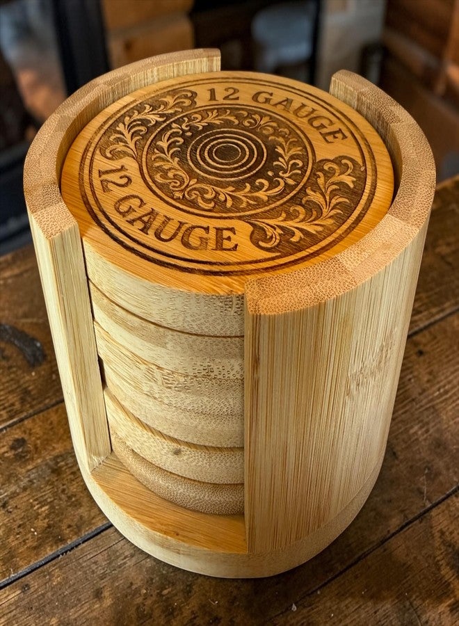 Top Brass 12 Gauge Shotgun Shell Bamboo Coaster Set with Holder – 6 Laser Engraved Coasters with Hidden Bottle Opener – Rustic Hunting Bar Coasters for Duck Hunters, Skeet Shooters & Shotgun Enthusiasts - Image 2