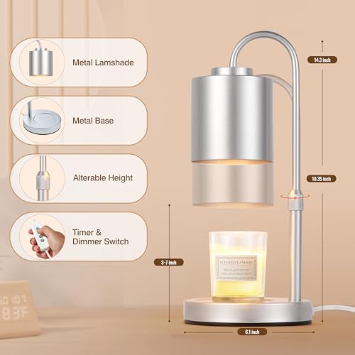 CASTLELIFE Candle Warmer Lamp with Timer & Dimmer, Height Adjustable Electric Wax Melt Warmer for Jar Candles, Gifts for Mom Home Decor, Silver - Image 2