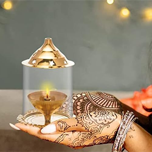A & S Ventures Akhand Diya with Borosilicate Glass Cover for Diwali Puja, Diwali Gift Puja Ghar, Festivals (Height: 12.6cm) (Medium, Golden) - Image 2