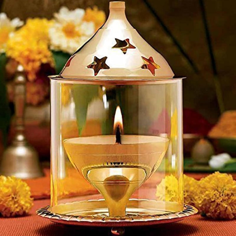 A & S Ventures Akhand Diya with Borosilicate Glass Cover for Diwali Puja, Diwali Gift Puja Ghar, Festivals (Height: 12.6cm) (Medium, Golden) - Image 5