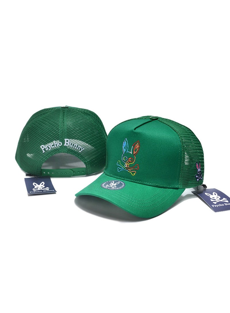 Psychobunny Psycho Bunny Green Trucker Cap with Rainbow Embroidered Bunny & Crossbones Logo and Branded Detailing