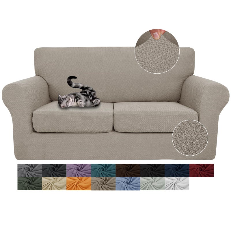 JIVINER 3 Pieces Stretch Couch Covers for 2 Cushion Couch Fitted Thick Loveseat Sofa Slipcover with 2 Seat Cushion Covers for Living Room Pet Dogs Loveseat Khaki
