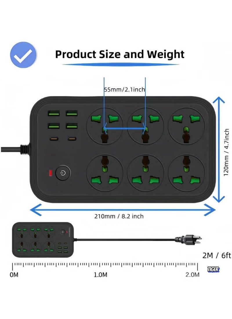 TIGER 12-in-1 USB-C Power Strip, Extension Cord with 6 Wide AC Outlets & 4 USB Ports, 110-240V, Max 3000W, Wall Mount Outlet Extender for Home & Office Use  - Image 2
