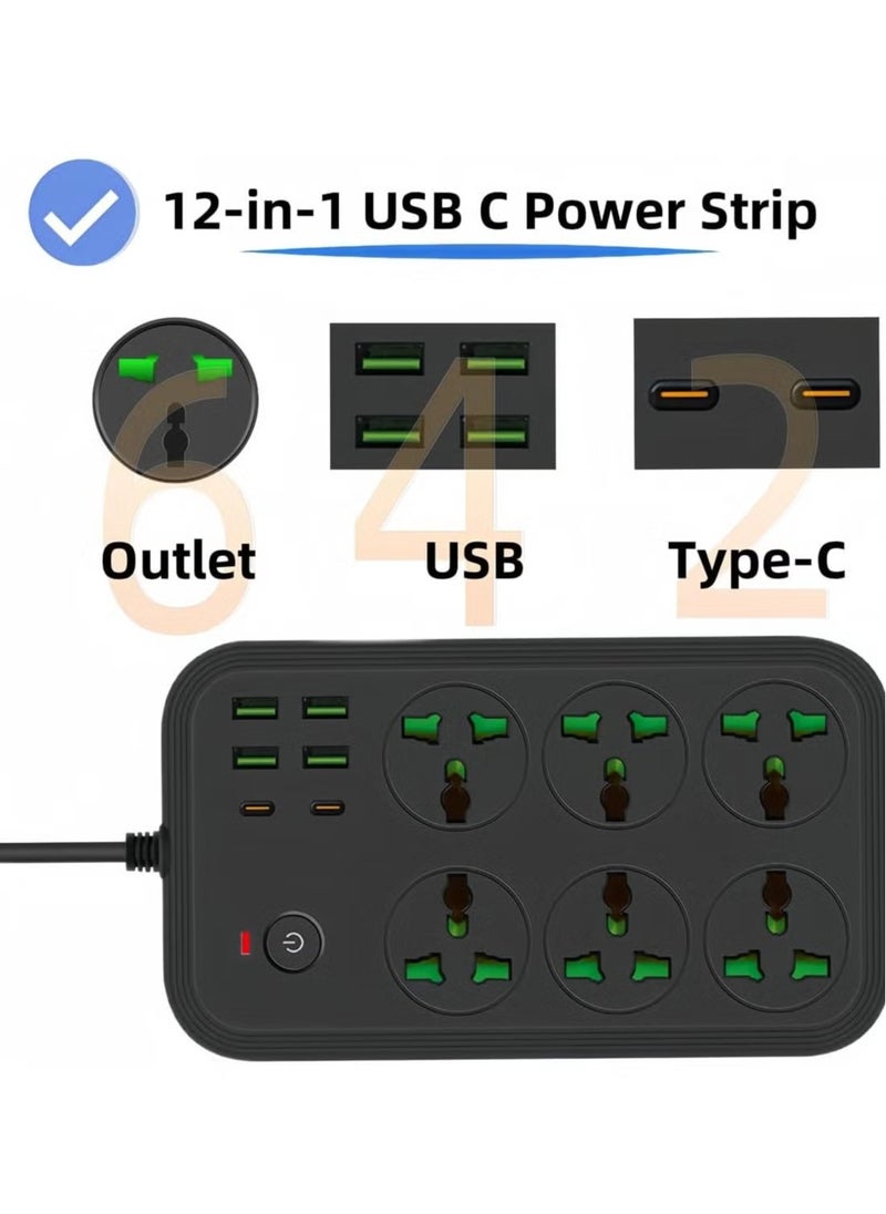 TIGER 12-in-1 USB-C Power Strip, Extension Cord with 6 Wide AC Outlets & 4 USB Ports, 110-240V, Max 3000W, Wall Mount Outlet Extender for Home & Office Use  - Image 4
