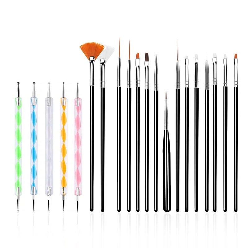 FULINJOY 20PCS Nail Art Design Tools 15PCS Painting Brushes Set Black with 5PCS Dotting Pens