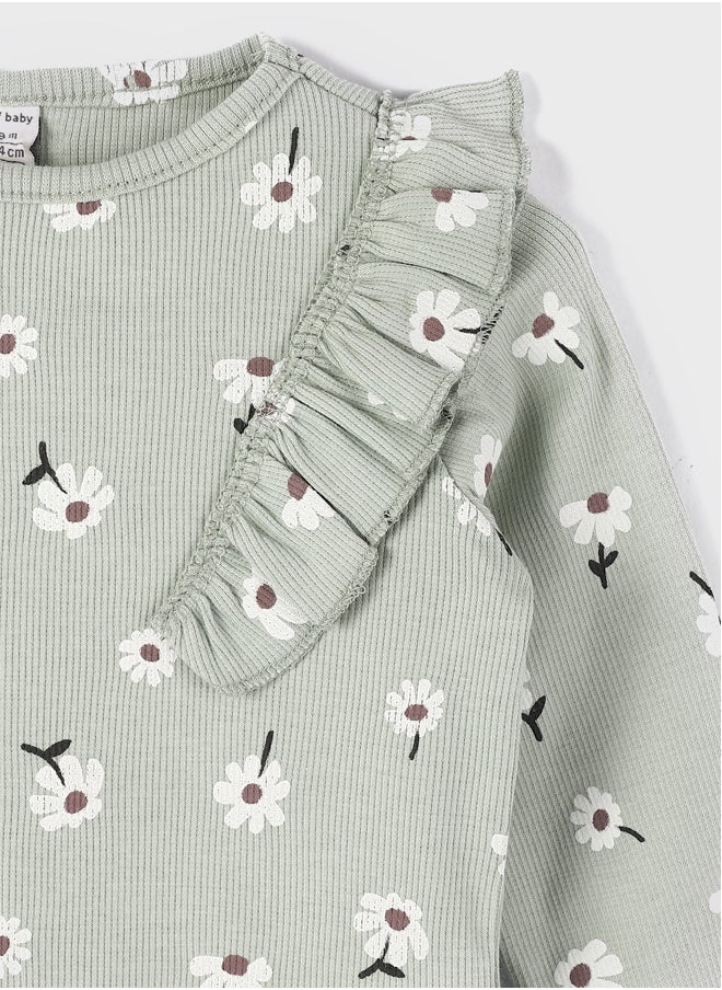 LC WAIKIKI - Floral Printed and Ruffle Detailed Crew Neck Baby Girl Blouse - Image 1