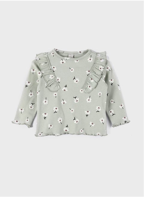 Floral Printed and Ruffle Detailed Crew Neck Baby Girl Blouse