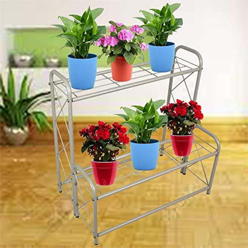 D&V ENGINEERING - Creative in innovation 2-Tier Step Design Metal Plant Stand|Flower Pot Stand|Plant Display Rack, Pot Holder for Plants - Grey, Free Standing, Step Shelf - Image 1
