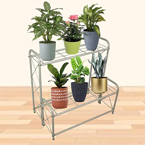 D&V ENGINEERING - Creative in innovation 2-Tier Step Design Metal Plant Stand|Flower Pot Stand|Plant Display Rack, Pot Holder for Plants - Grey, Free Standing, Step Shelf - Image 2