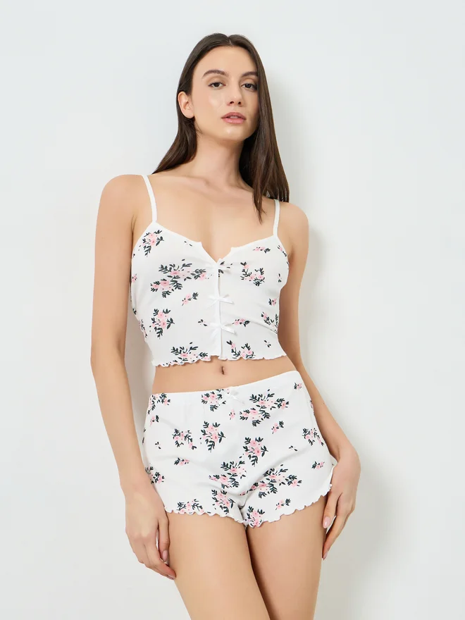Styli Styli White Floral Print Lettuce Edge Cami and Shorts Set