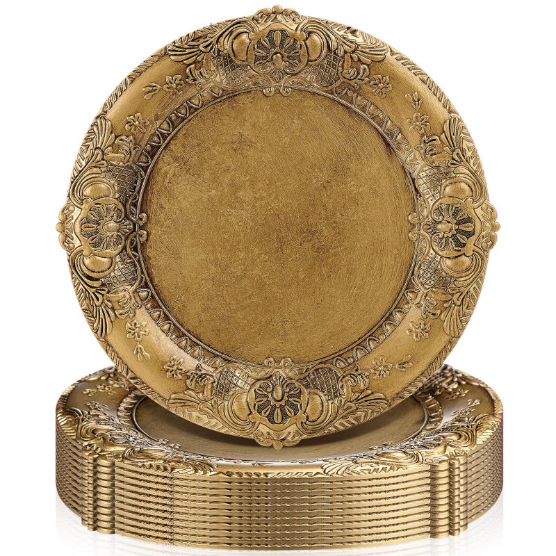 Mifoci Antique Gold Charger Plates Set of 12 Plastic Gold Chargers for Dinner Plates Decorative 13" Round Plate Bulk with Embossed Rim for Dinner, Party, Wedding(Classic) - Image 1
