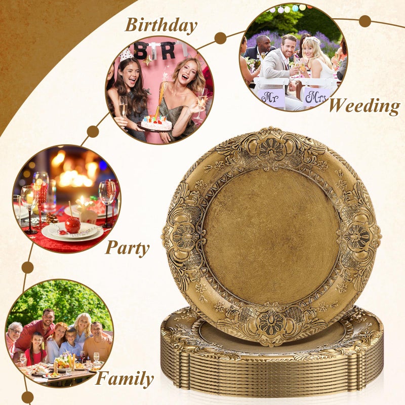 Mifoci Antique Gold Charger Plates Set of 12 Plastic Gold Chargers for Dinner Plates Decorative 13" Round Plate Bulk with Embossed Rim for Dinner, Party, Wedding(Classic) - Image 4