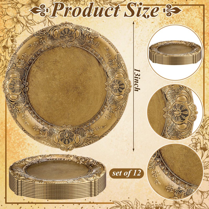 Mifoci Antique Gold Charger Plates Set of 12 Plastic Gold Chargers for Dinner Plates Decorative 13" Round Plate Bulk with Embossed Rim for Dinner, Party, Wedding(Classic) - Image 2