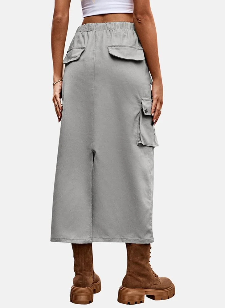 YUNIQEE Grey Mid Rise Plain Midi Skirt