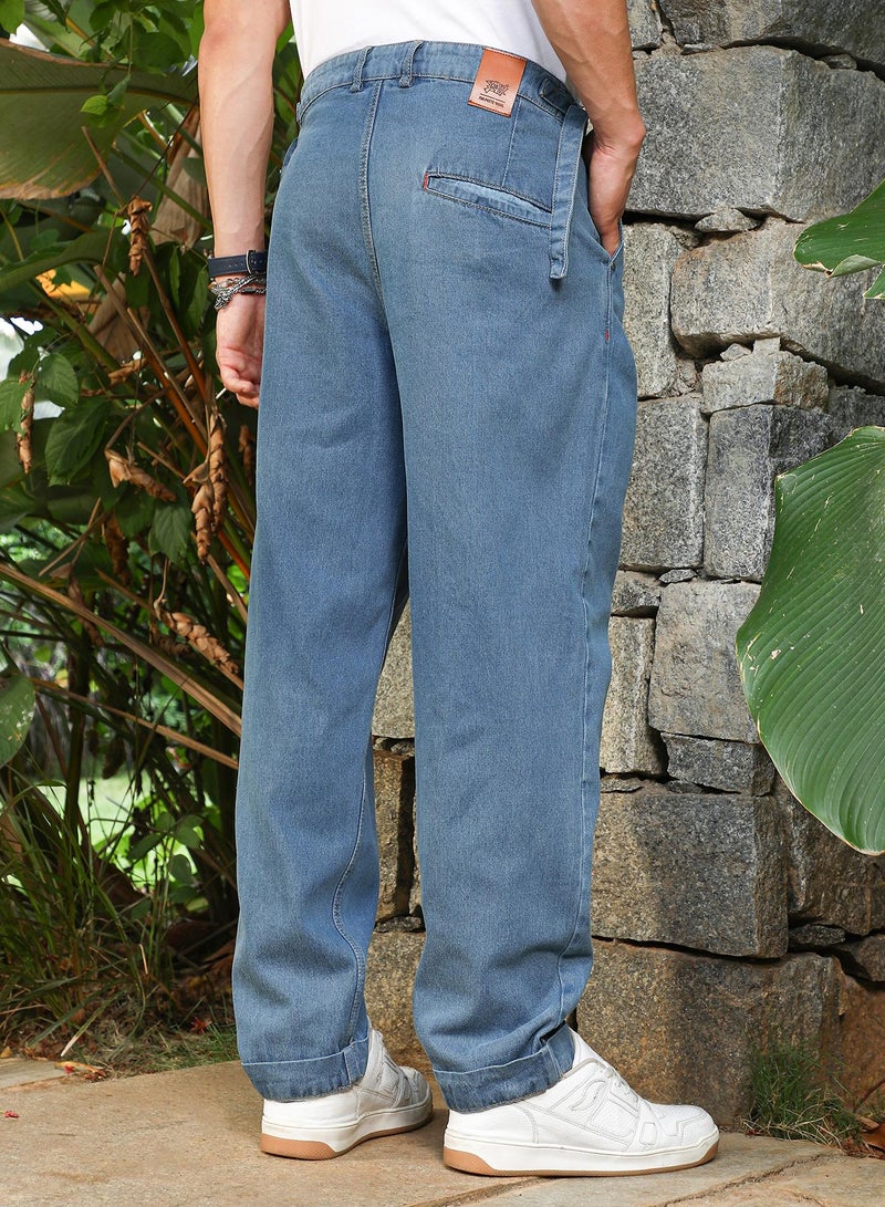 Campus Sutra Campus Sutra Men's Indigo Blue Mid-Wash Pleated Denim Jeans For Casual Wear | Mid-Rise | Straight-Fit Fit | Button Closure | Denim Jeans Crafted With Comfort Fit For Everyday Wear - Image 5