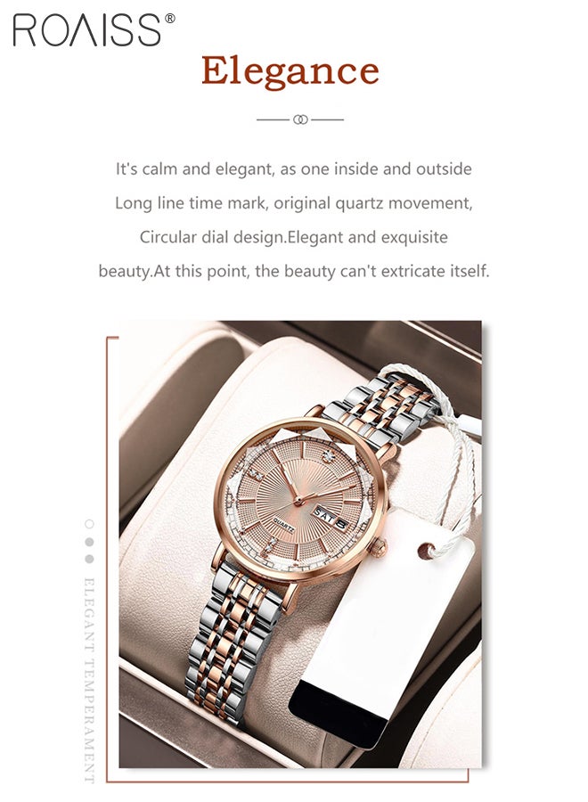 roaiss Women's Steel Strap Quartz Watch Analog Display Round Dial with Zirconium Diamonds Decoration and Rhombus Cut Design Waterproof Luminous Luxurious Wristwatch as Gift for Ladies - Image 3