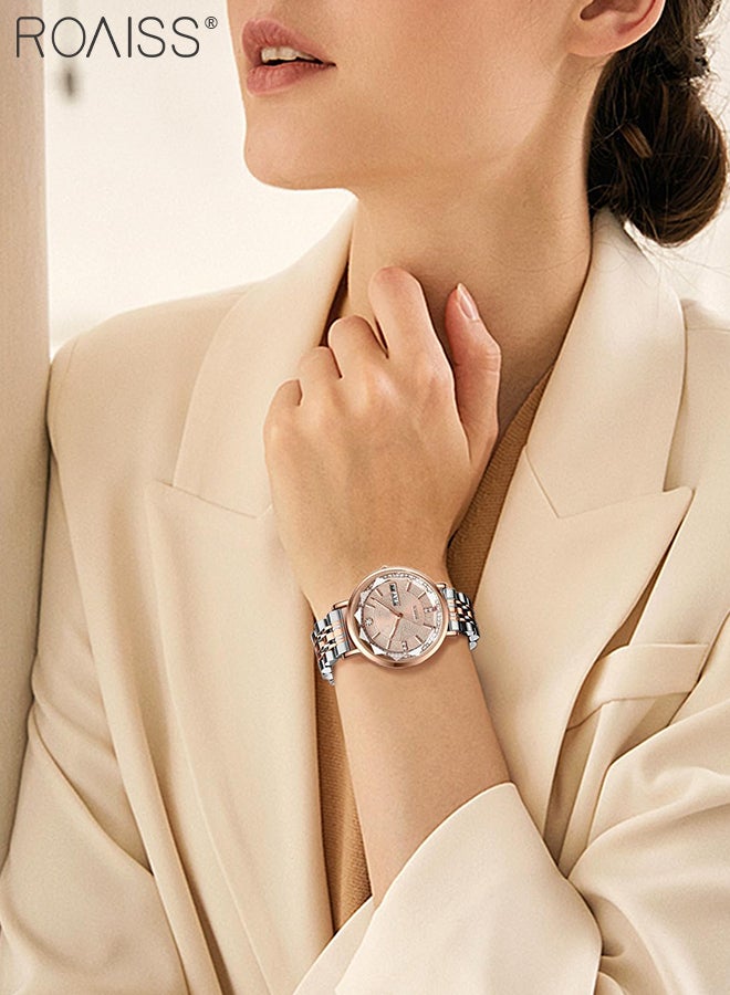 roaiss Women's Steel Strap Quartz Watch Analog Display Round Dial with Zirconium Diamonds Decoration and Rhombus Cut Design Waterproof Luminous Luxurious Wristwatch as Gift for Ladies - Image 2