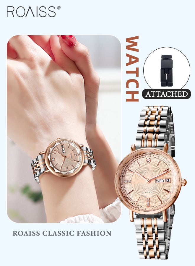 roaiss Women's Steel Strap Quartz Watch Analog Display Round Dial with Zirconium Diamonds Decoration and Rhombus Cut Design Waterproof Luminous Luxurious Wristwatch as Gift for Ladies - Image 1