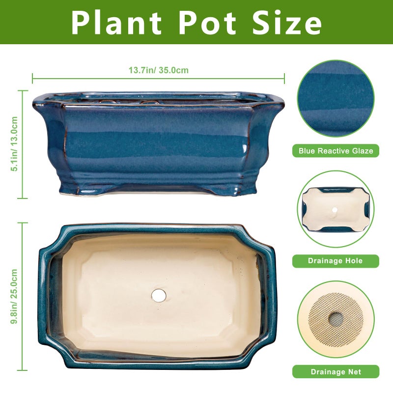 Teagas Bonsai Tree Pot - 13.7 Inch Large Ceramic Succulent Planter for Indoor Outdoor, Rectangle Plant Pot with Drainage Hole, Decorative Flower Pots, Home Decor, Gifts for Plant Lovers, Retro Blue - Image 2