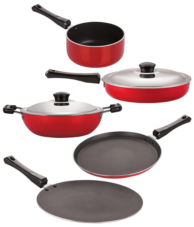 Nirlon Nirlon Non-Stick Aluminium Cookware Set, 6-Pieces, Red & Black