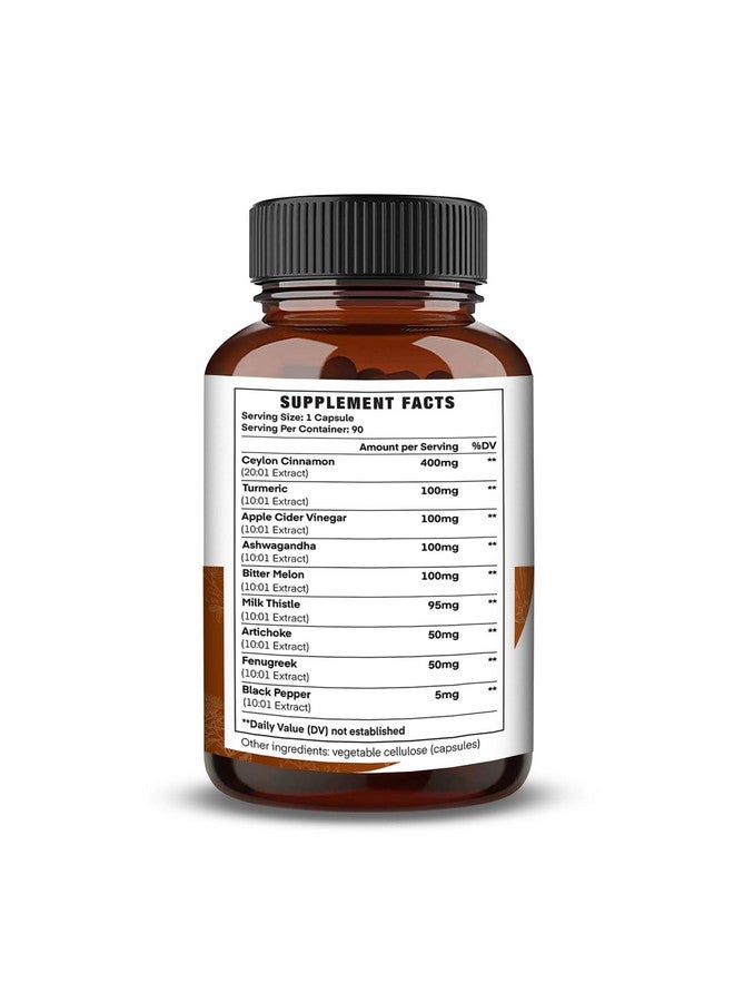 All-in-1 1000mg Highest Potency Ceylon Cinnamon, Turmeric, Apple Cider Vinegar, Ashwagandha, Bitter Melon with Milk Thistle, Artichoke & Fenugreek - Gluco Health Support - 90 Vegan Capsules - Image 2