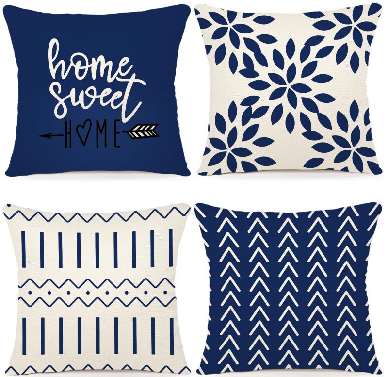 YCOLL Pillow Covers 18x18 Set of 4, Modern Sofa Throw Pillow Cover, Decorative Outdoor Linen Fabric Pillow Case for Chair Sofa Couch Bed Car, Dark Blue - Image 1