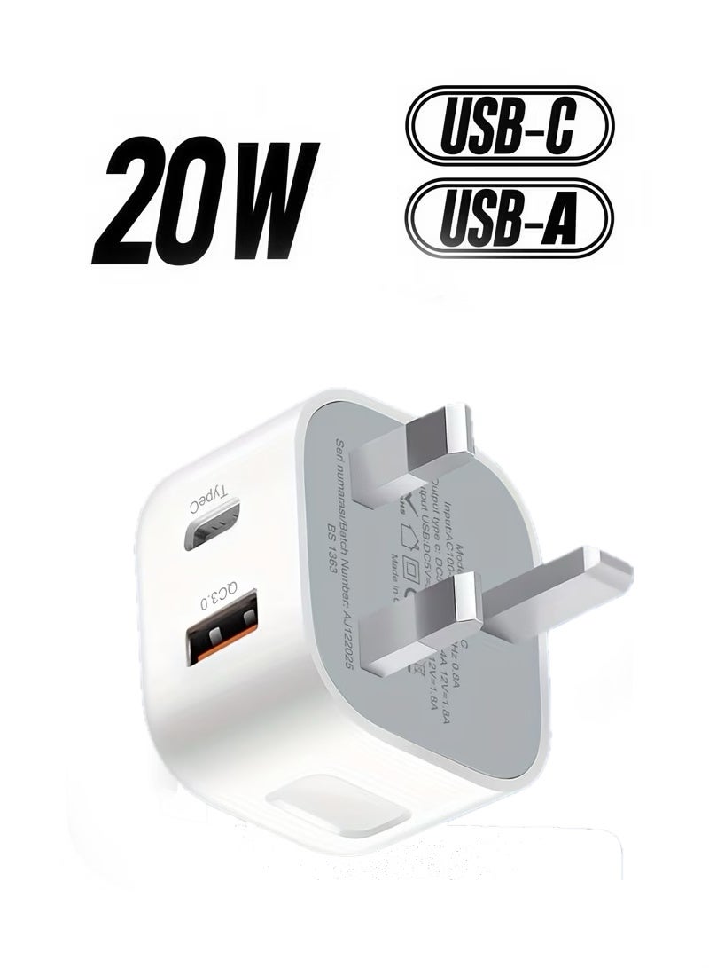 اراباش شاحن سريع QC3.0 بمنفذ USB-C بقوة 20 واط، شاحن هاتف ثنائي المنافذ، كابل من النوع C، شاحن ومحول شحن سريع - Image 1