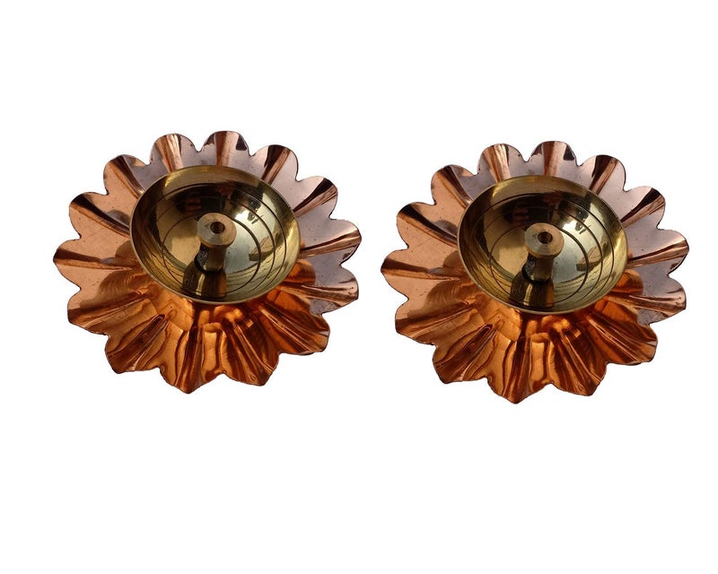 Collectible India Collectible India Brass Diya Lotus Puja Oil Lamp Stand for Pooja Brown Set of 2  - Image 2