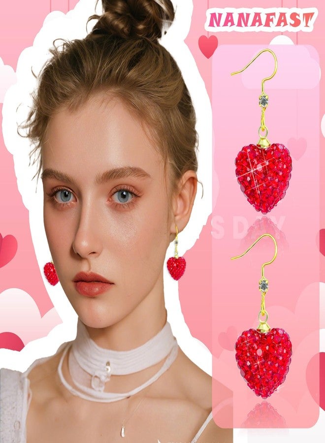 Nanafast Valentines Earrings for Women Girlfriend, Glitter Red Heart Earrings Rhinestones Setting, Party Holiday Festive Outfits, Romantic Birthday Christmas Valentines Day Gifts for Her-hook - Image 2