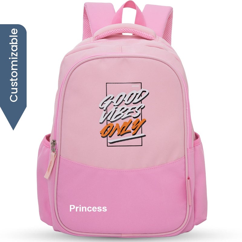 Eazy Kids Personalized 15.3” Lightweight School Backpack for Kids – Good Vibes Only Design, Pink - Image 1