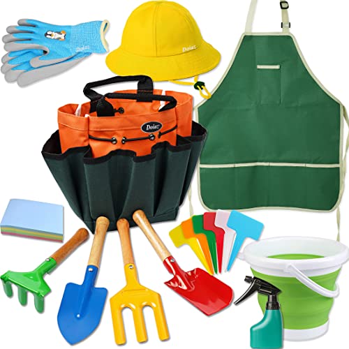 Doiaz Kidz Gardening Set Real Metal Gardening Tools Kit for Childrenz Includes Sturdy ShovelRakeForkTrowelKidz Garden Kit with Sun HatApronGlovesTote BagSprayer and BucketOutdoor Gardening Gifts - Image 1