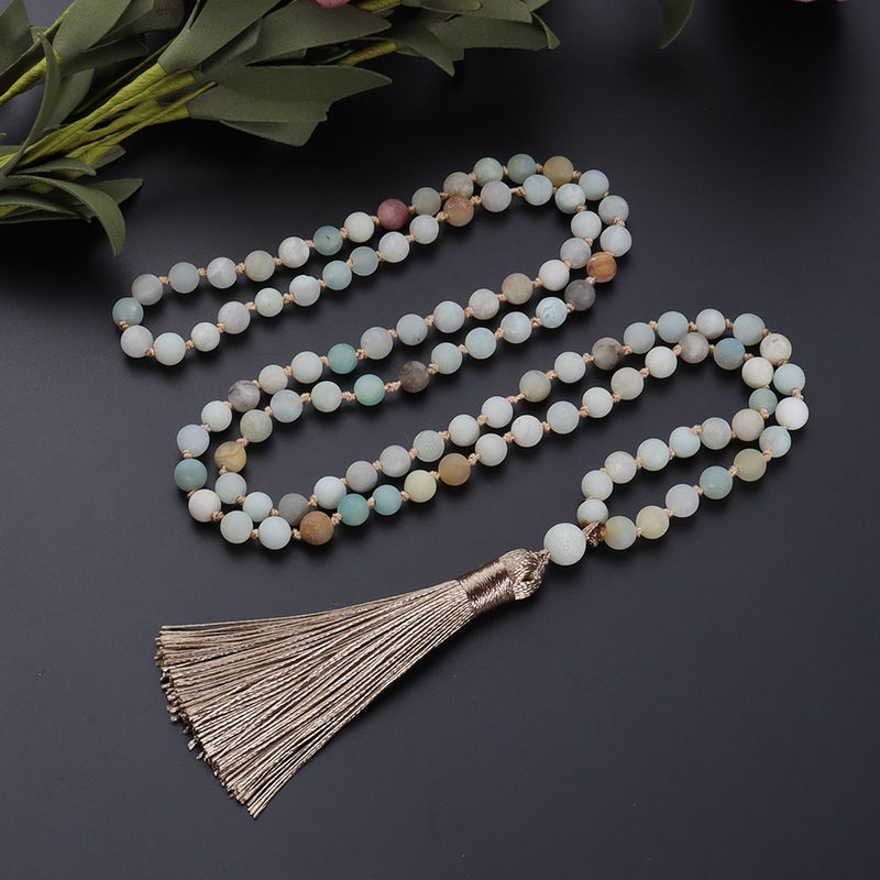108 Beads Natural Stone Mala Necklace Handmade Knotted Amazonite Tassel - Image 4