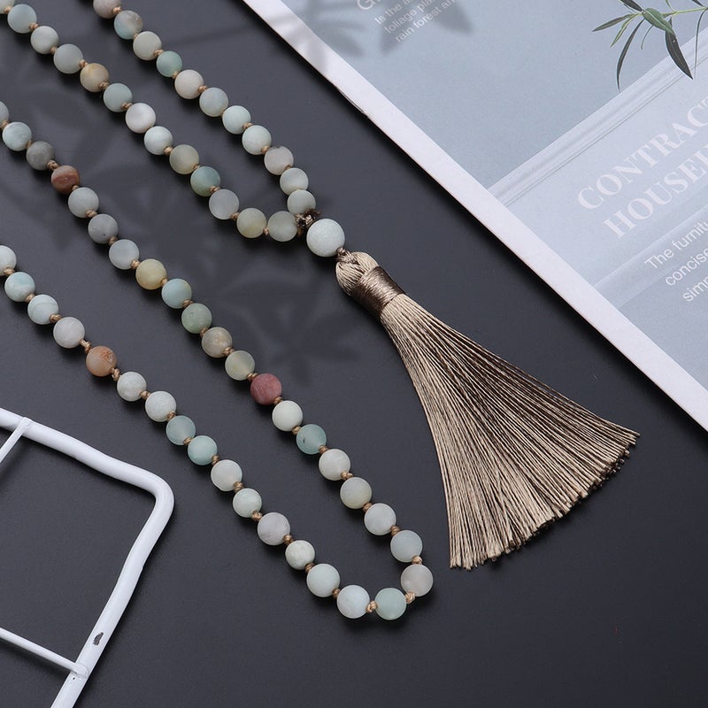 108 Beads Natural Stone Mala Necklace Handmade Knotted Amazonite Tassel - Image 3