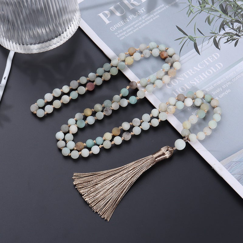 108 Beads Natural Stone Mala Necklace Handmade Knotted Amazonite Tassel - Image 2