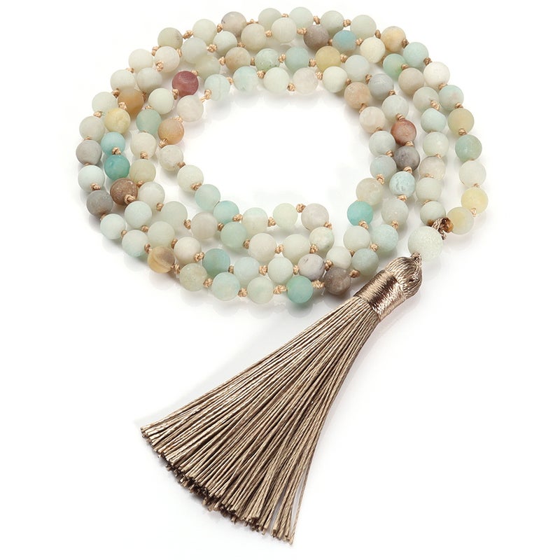 108 Beads Natural Stone Mala Necklace Handmade Knotted Amazonite Tassel - Image 5