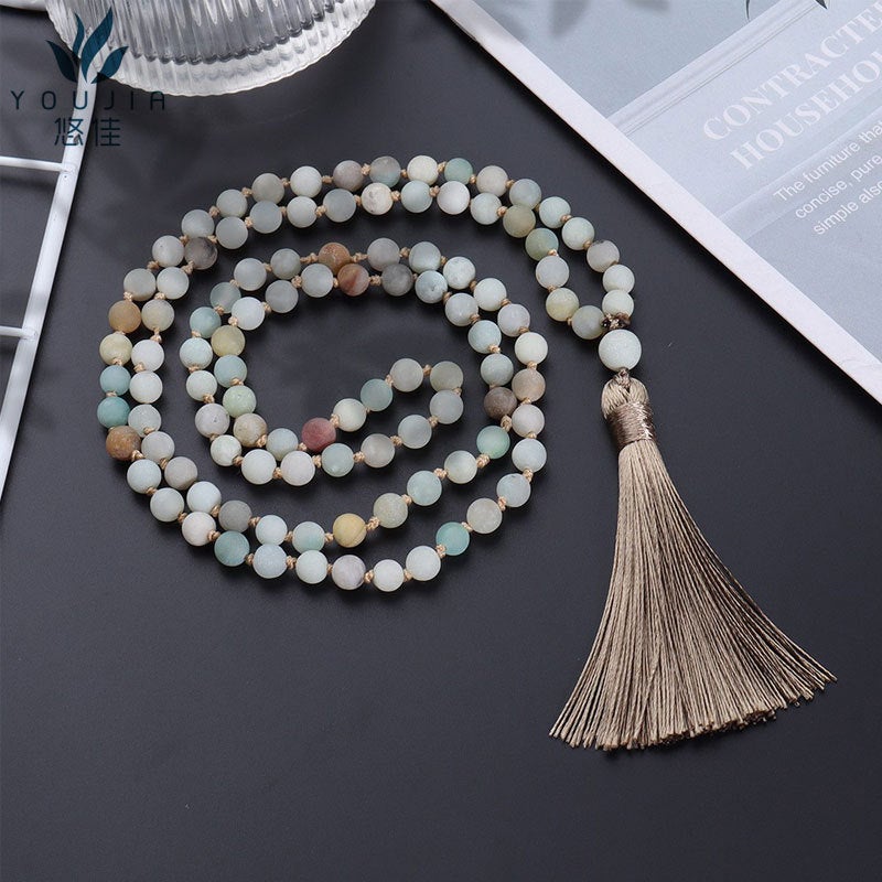 108 Beads Natural Stone Mala Necklace Handmade Knotted Amazonite Tassel - Image 1
