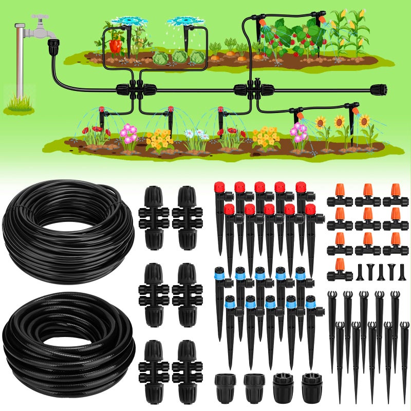 Landtouch Drip Irrigation System, 40FT 1/2" Mainline & 100FT 1/4" Tubing, with Adjustable Drip Emitters Misting Sprinkler, Efficient Sprinkler System Kit for Flower Bed, Raised Bed, Greenhouse, Lawn - Image 1