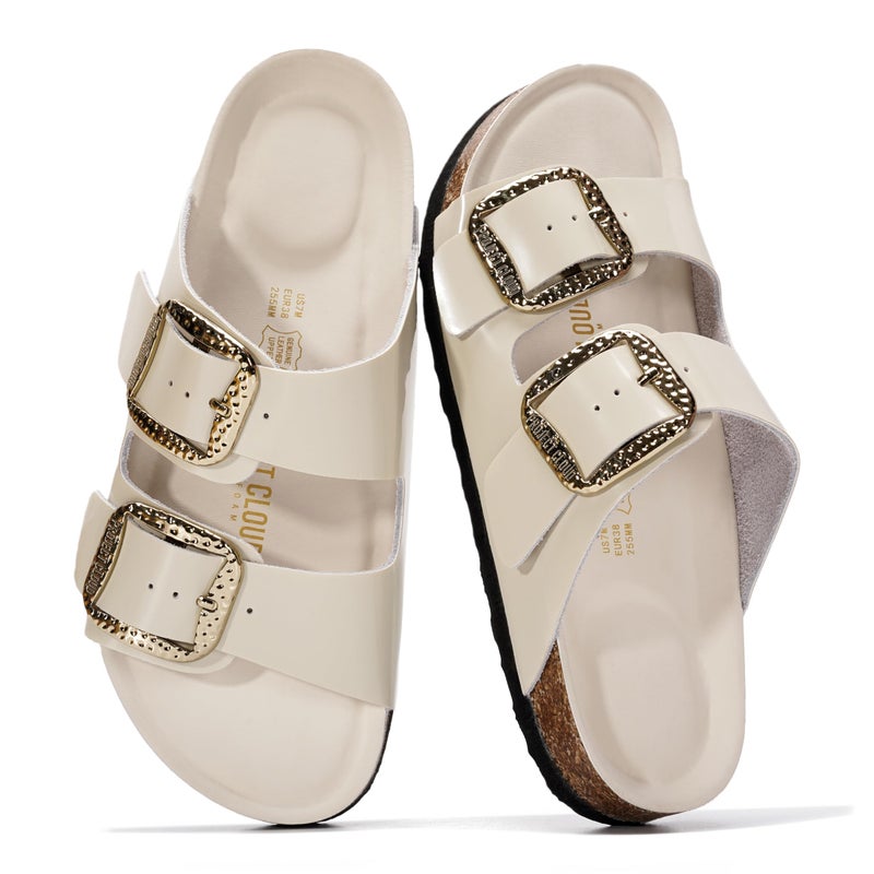 Project Cloud 100% Genuine Leather Flat Sandals for Women 2026 Comfortable Beach Essentials Womens Sandals Memory Foam Vacation Essentials Slides for Women Footwear (Santorini, MARSHMLEA,8M) - Image 1