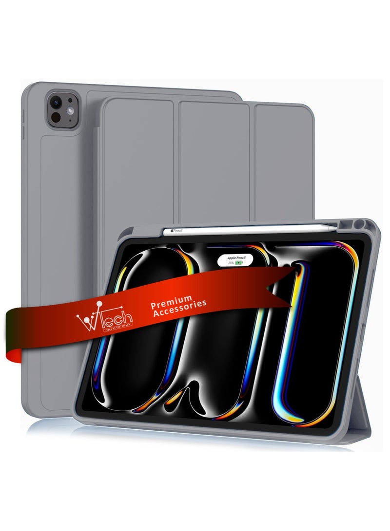 Wtech Apple iPad Pro 11 5G 2024 (5th Gen) 11 inch / Apple iPad Pro 11-inch (M5) 2025 Smart Flip Auto Awake/Auto Sleep Leather Texture with Pen Holder Case Cover - Grey - Image 1