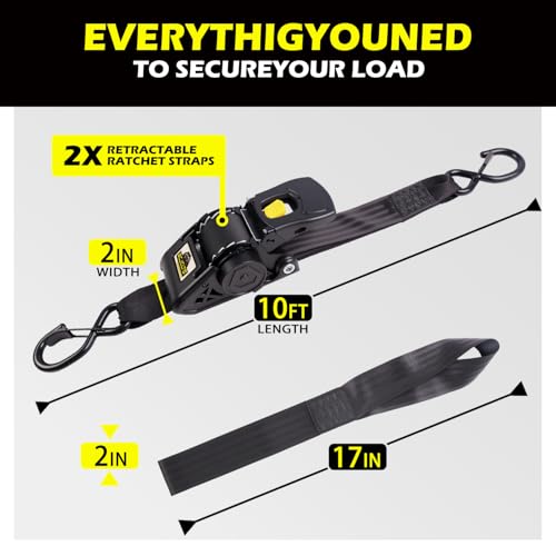 BCJCLTS Retractable Ratchet Straps 2" x 10ft, 3,000lb Break Strength, Heavy Duty Easy Release Tie Down for Trucks, Trailers, Motorcycles, ATVs, Secure Cargo Straps - Image 3