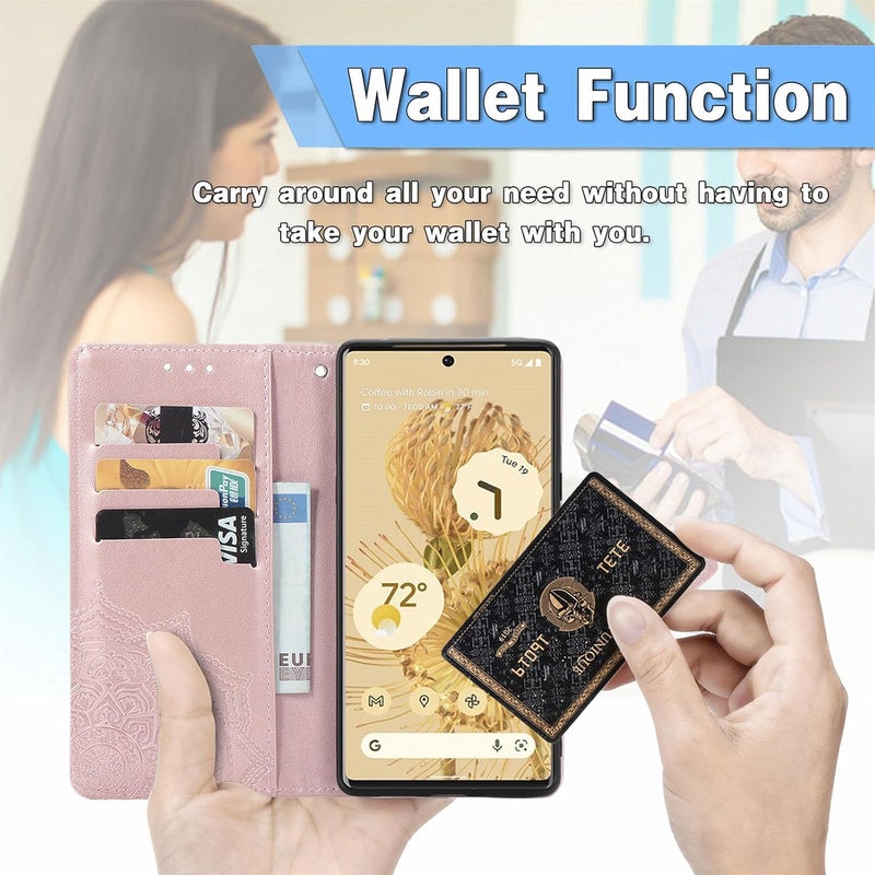 YUANSHXM-Wallet Case for Google Google Pixel 9 Pro/9 Pro XL/9,All-Inclusive Protection Retro Embossing Leather Cover with Card Slots Flip Kickstand Case (Gray,9 Pro) - Image 3