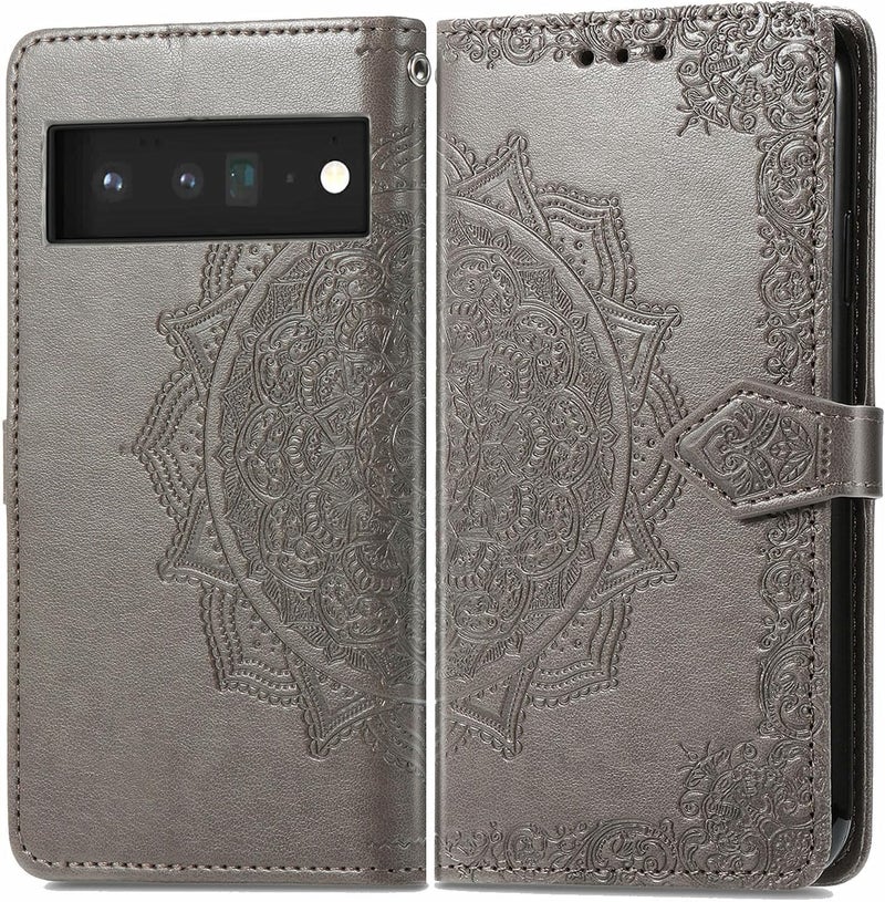YUANSHXM-Wallet Case for Google Google Pixel 9 Pro/9 Pro XL/9,All-Inclusive Protection Retro Embossing Leather Cover with Card Slots Flip Kickstand Case (Gray,9 Pro) - Image 1