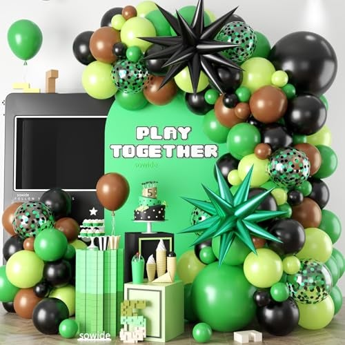 Sowide Green and Brown Balloon Garland Arch KitBrow Green and Black Balloons Garland Kit with 2pcs Star Foil Balloons for Video Theme Jungle Safari Game Party Baby Shower Graduation Birthday Decorations - Image 1