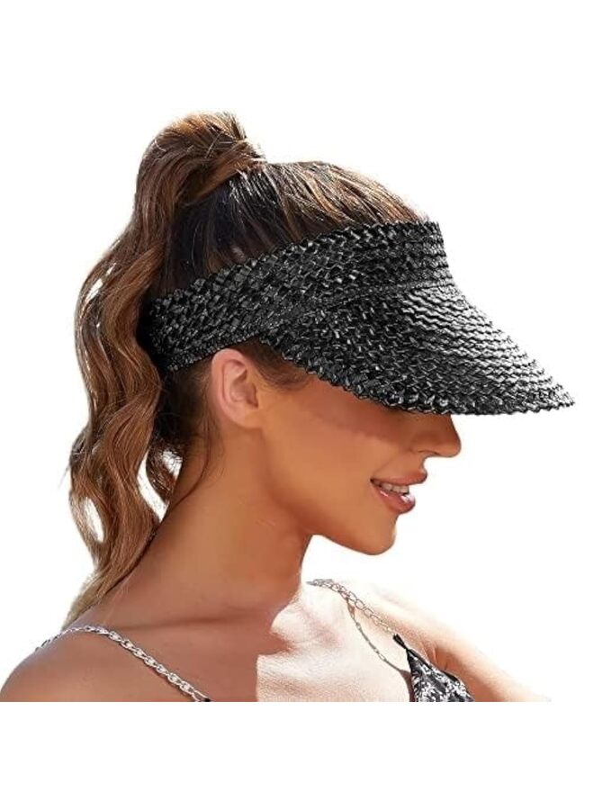 واقيات الشمس للنساء، واقيات الشمس للنساء، قبعات القش للنساء، قبعة الشمس المصنوعة يدويًا للنساء، قبعات الشاطئ القابلة للطي للنساء (أسود) - Image 1