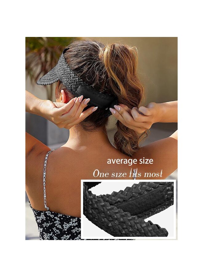واقيات الشمس للنساء، واقيات الشمس للنساء، قبعات القش للنساء، قبعة الشمس المصنوعة يدويًا للنساء، قبعات الشاطئ القابلة للطي للنساء (أسود) - Image 2