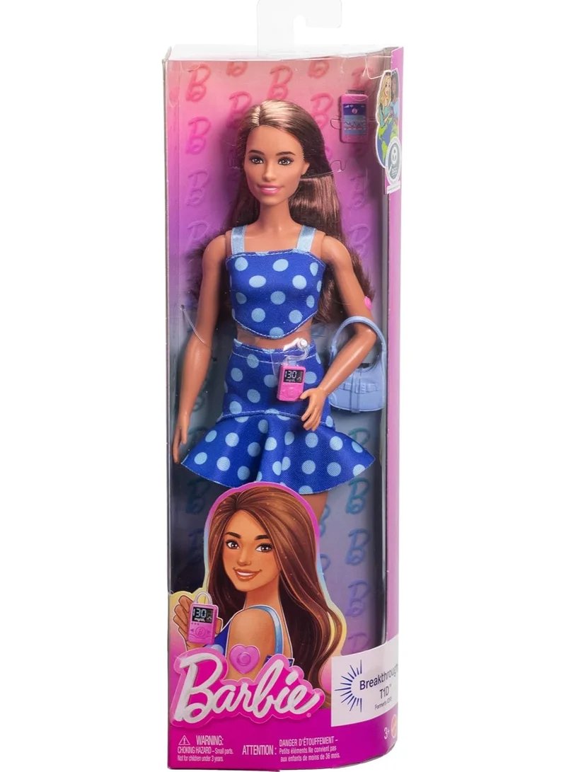 Barbie Fashionistas Doll #242, Barbie Doll with Type 1 Diabetes Wearing Polka Dot Outfit and Accessories, In Partnership with Breakthrough T1D