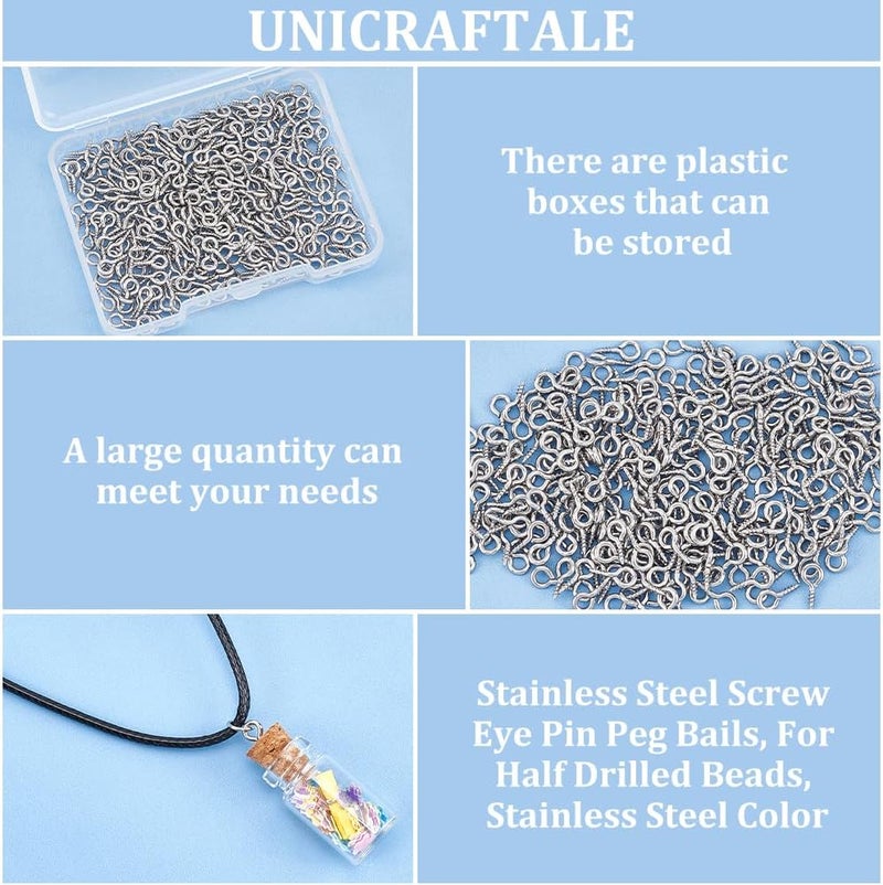 UNICRAFTALE 300pcs 8x4mm Stainless Steel Screw Eye Pin Peg Bails Small Screw Eye Pins Clasps Hooks 1mm Pin Eye Screws Connectors for Half Drilled Beads Jewelry Earring Making, Hole 2mm - Image 4