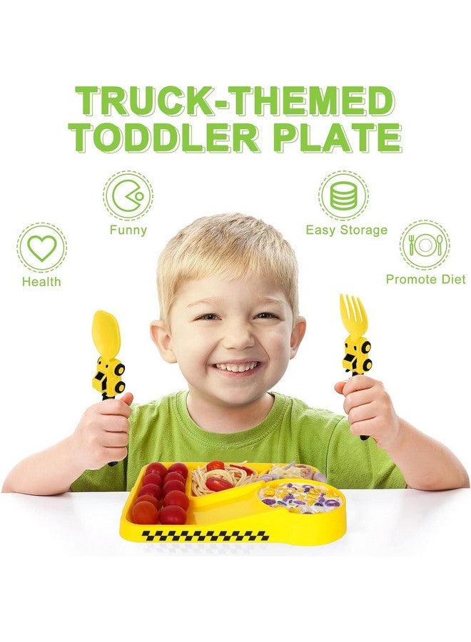 Deinyi Construction Toddler Plates - Toddler Eating Utensil Set with Removable Straw - Easter Gifts - Baby Plates Feeding Set - for Stocking Stuffers and Birthday Gifts - Yellow - Image 2