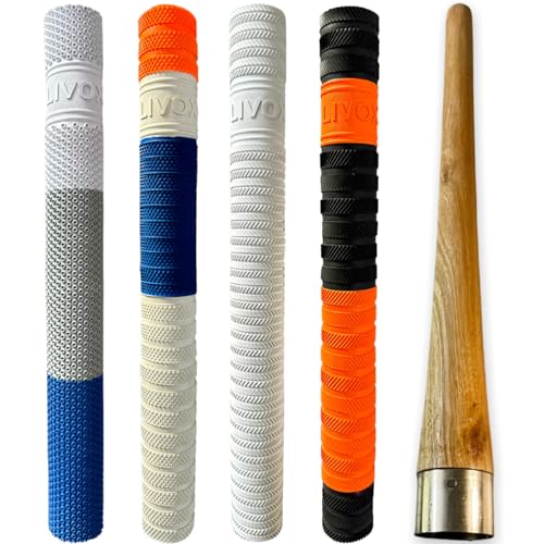 LIVOX® MIX Texture (Octopus, Dynamic, Ring, Thunderblade) Premium Cricket Bat Handle Rubber 4 Grips for Enhanced Performance With Better Shock Absorption And 1 Wooden Gripper Cone (pack of 5) - Image 1